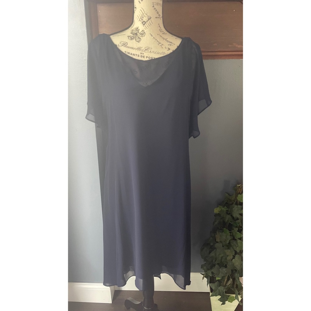 Adrianna Papell Navy Chiffon Overlay‎ Draped Dress Size Medium NWT
